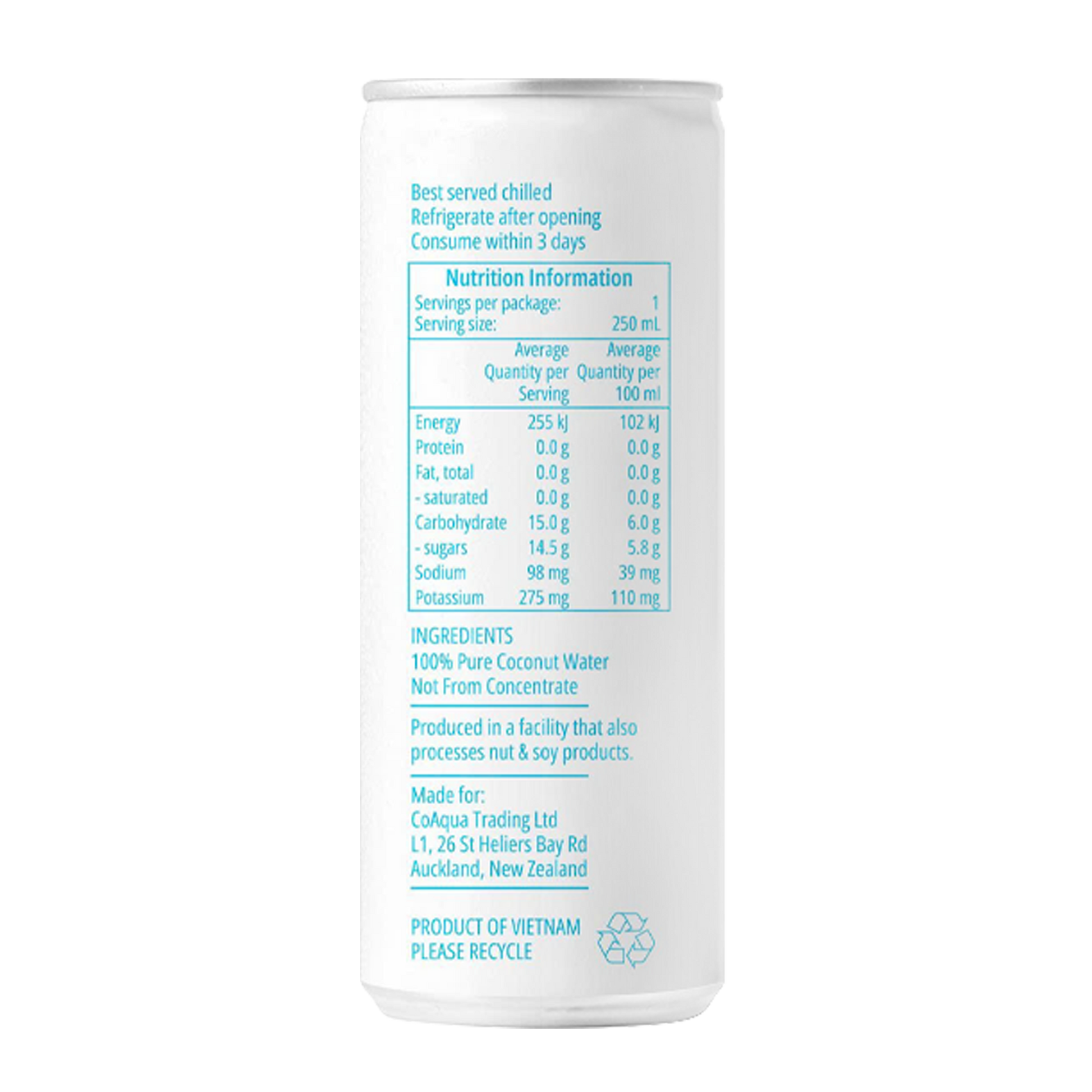 White cylindrical container with blue text on a white background