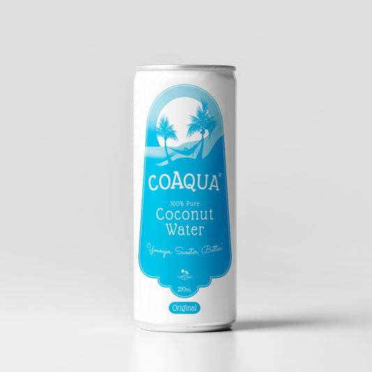 COAQUA coconut water can on a light gray background